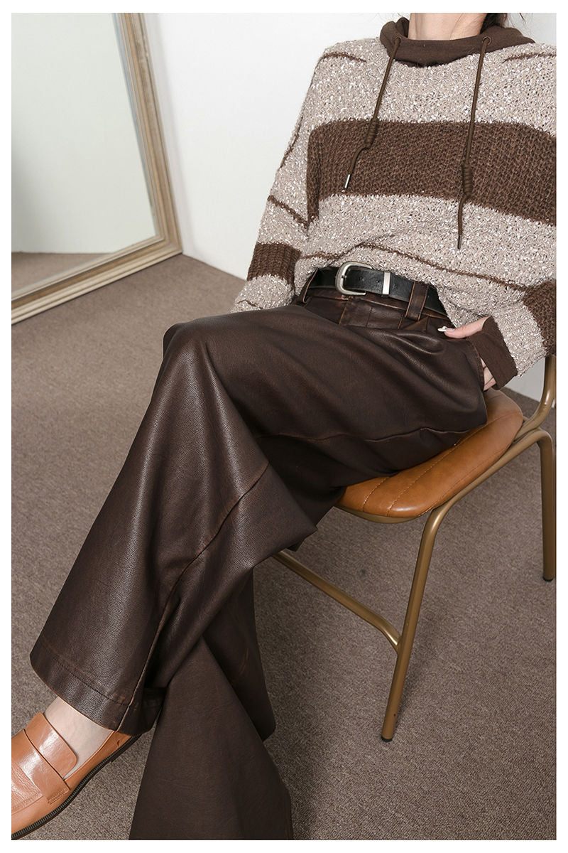 Vintage Draped Brown PU Leather Pants