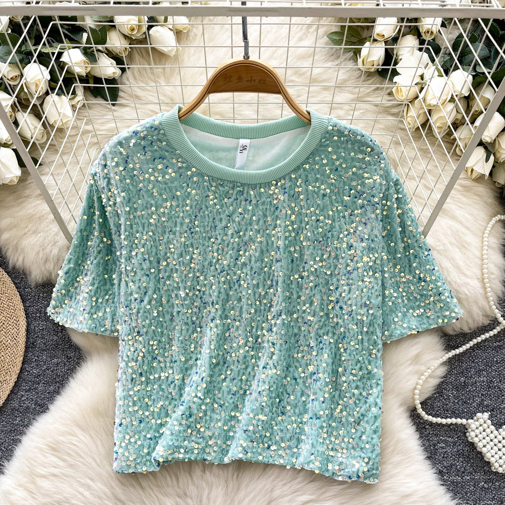 Crew Neck Sequined Short T-shirt