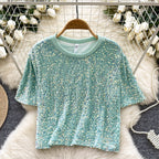 Crew Neck Sequined Short T-shirt
