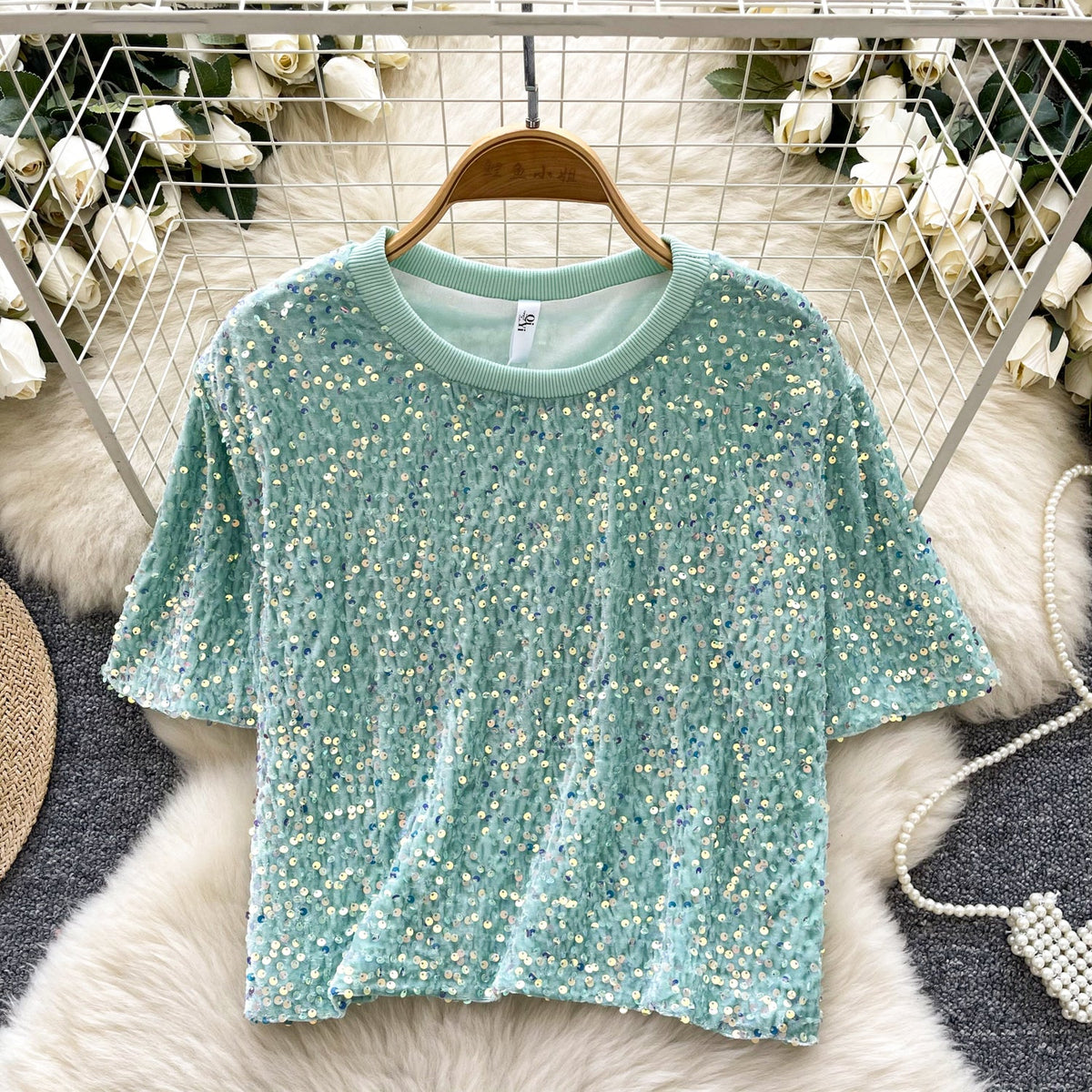 Crew Neck Sequined Short T-shirt