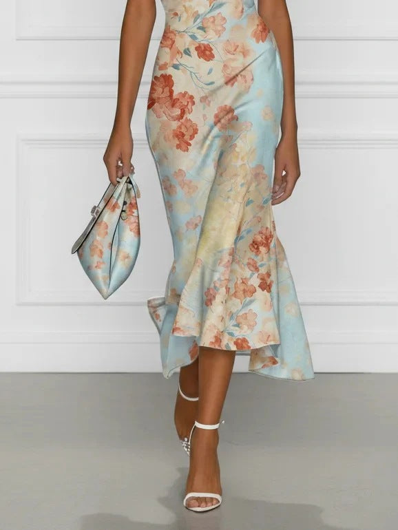 Floral Print Off‑Shoulder Midi Dress Women Twisted Knot Fishtail Satin Party Dress