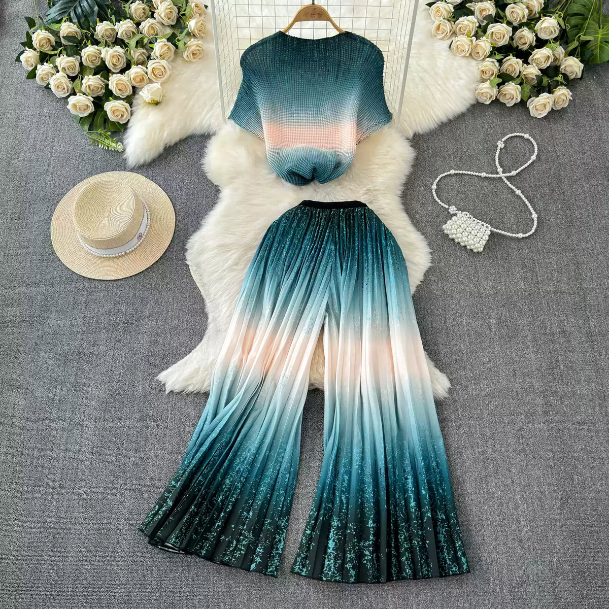 Chiffon T-shirt & Wide-leg Trousers 2Pcs