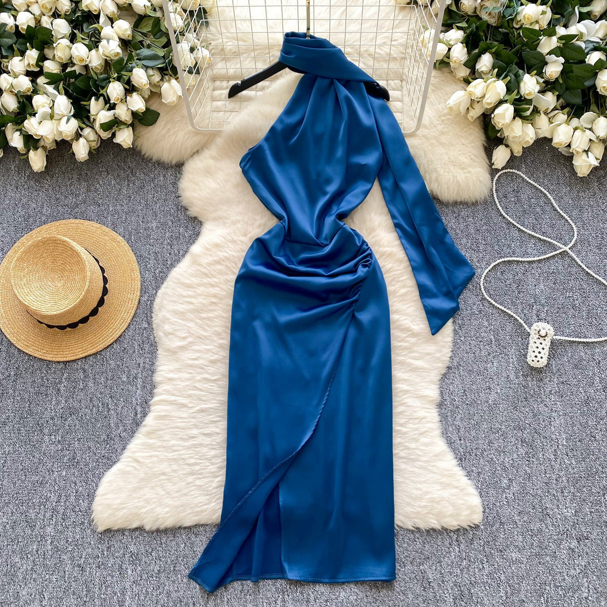 Delicate Blue Satin Dress with Ribbon