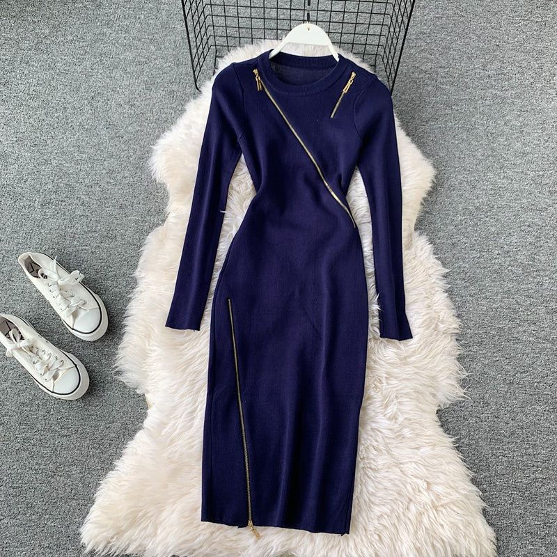 Niche Zipped Patchwork Knitted Dress