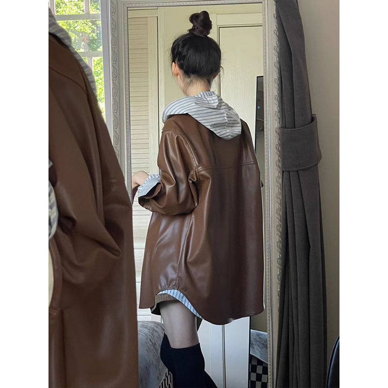 Vintage Patchwork Brown PU Jacket