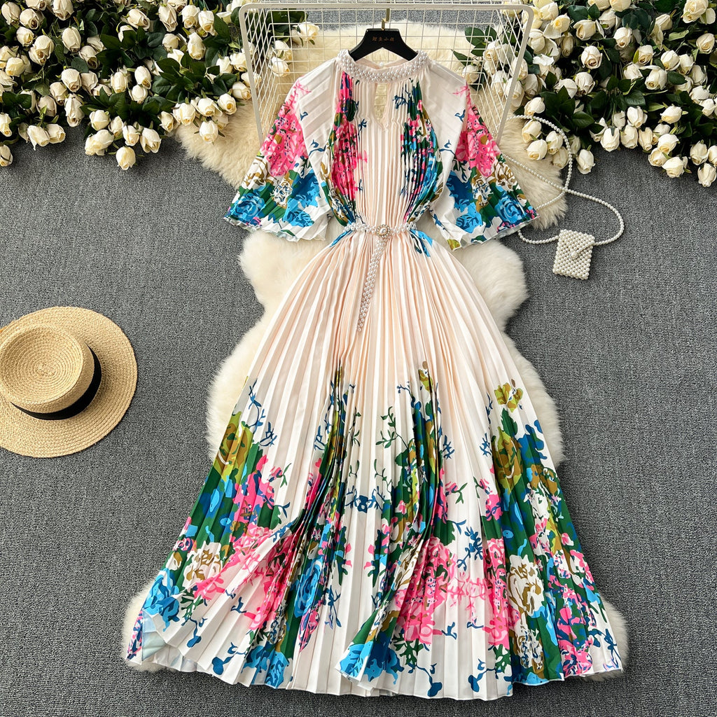 Beaded Crew Neck Printed Dress