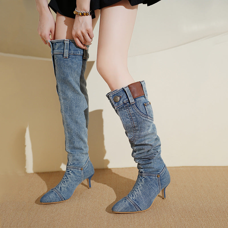 Denim Pointed Toe Stacked Boots