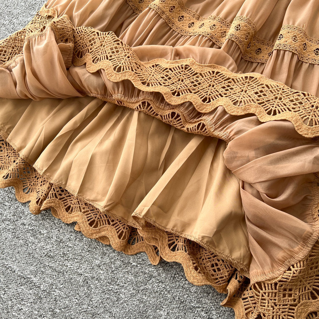V-neck Shirt&Skirt Lace Patchwork 2Pcs