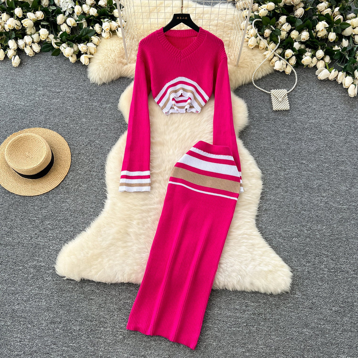 Colorful Stripe Sweater&Skirt Knitted 2Pcs