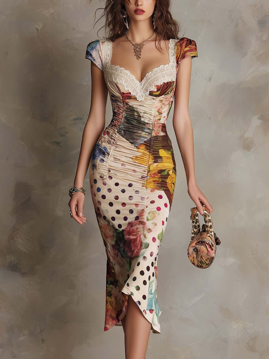 Mixed Print Lace Trim Midi Dress Women Cap Sleeve Ruched Slit Bodycon Dress