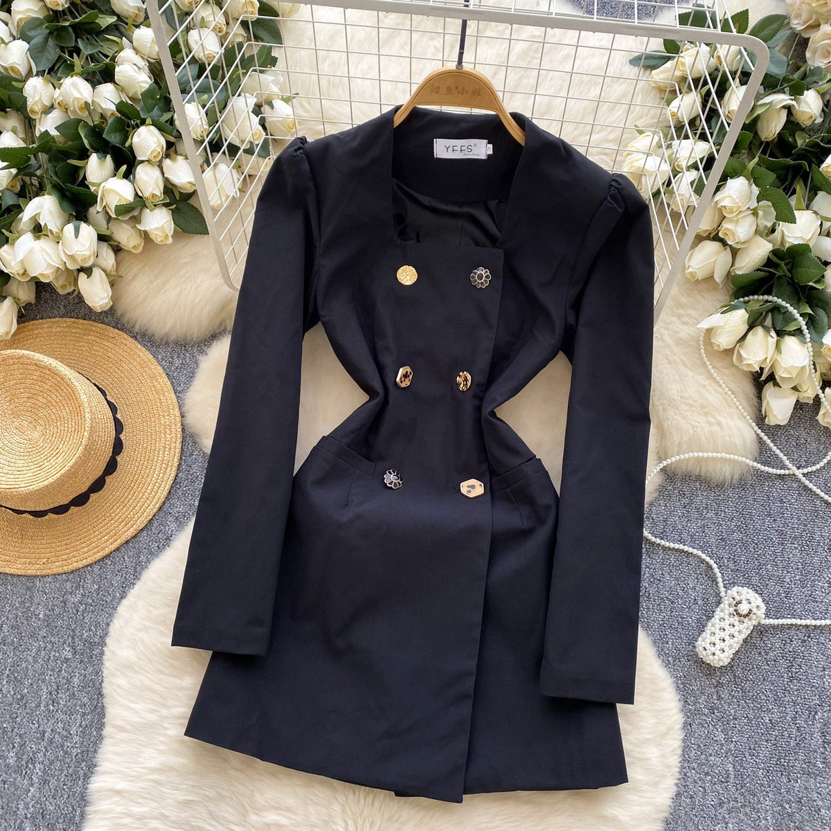 Elegant Double-breasted Black Suit Dress