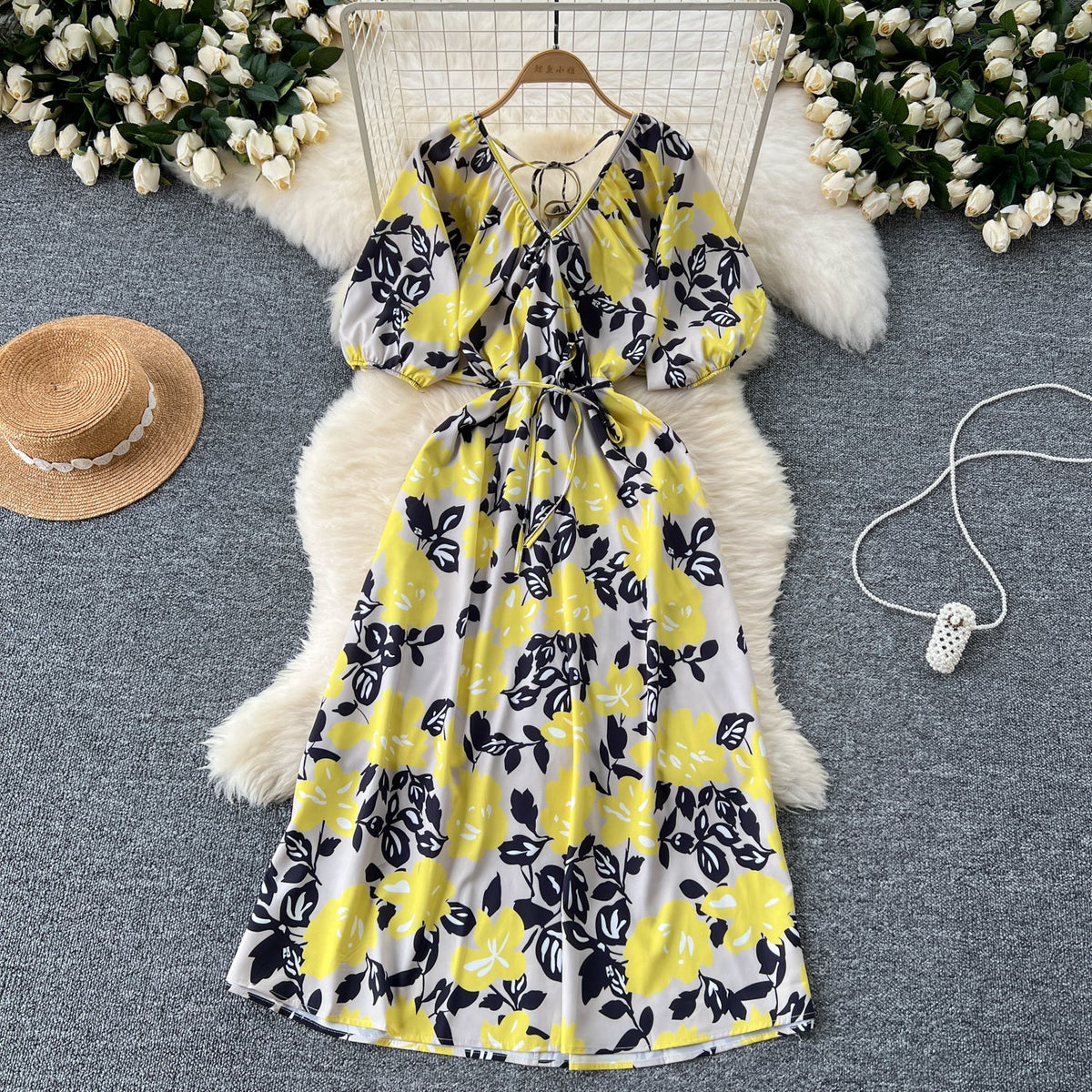 V-neck Pattern Printed Vintage Dress