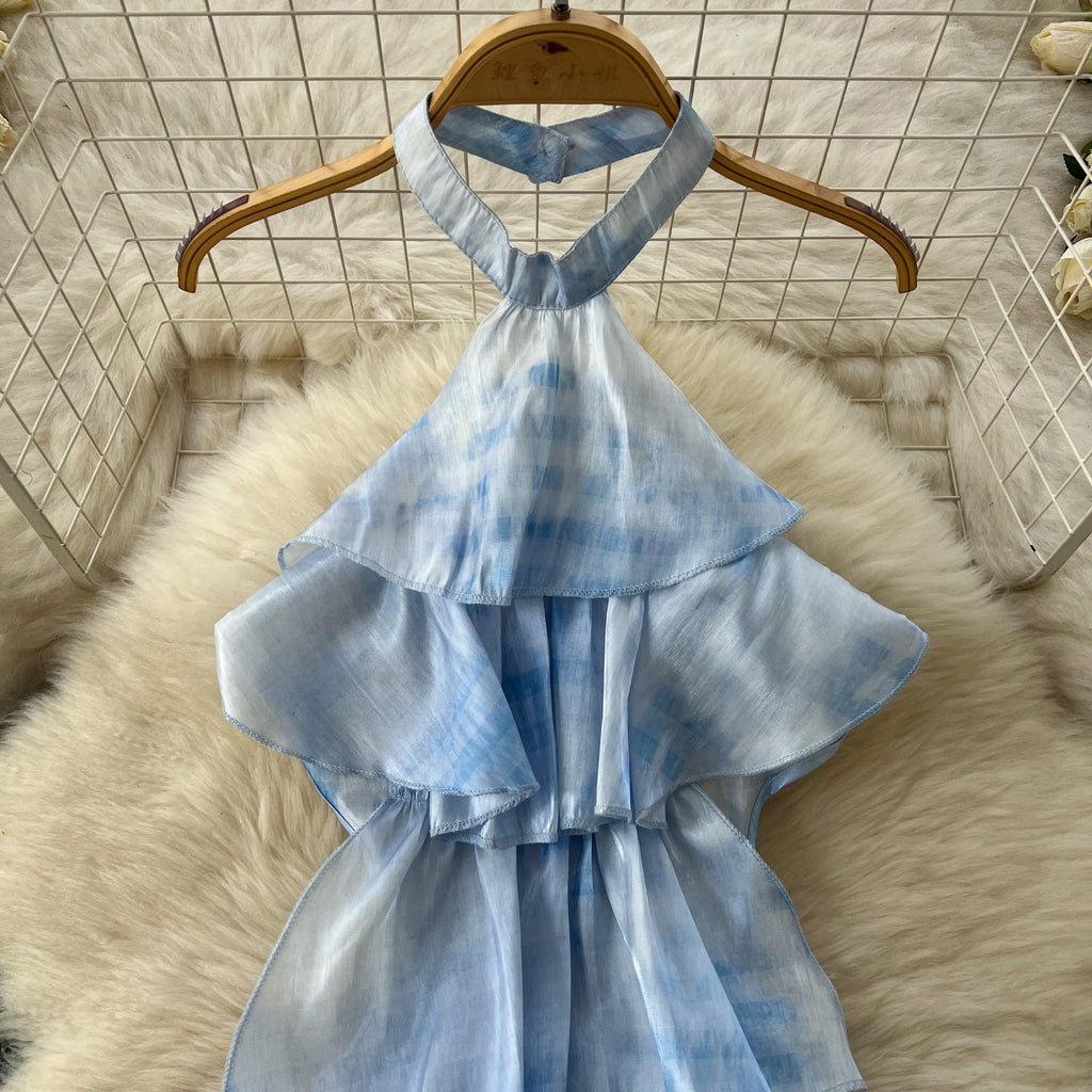 Tie-dye Blue Halter Top & Skirt 2Pcs