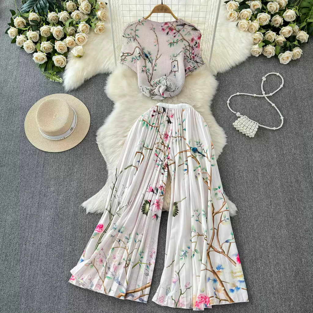 Chiffon T-shirt & Wide-leg Trousers 2Pcs