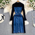 V-neck Denim Patchwork Black Dress