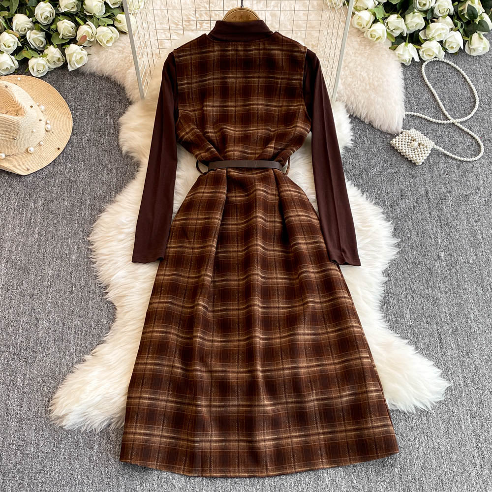 Turtleneck Sweater&Plaid Dress 2Pcs