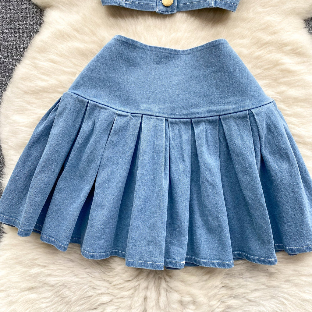 Camisole&Pleated Skirt Denim 2Pcs