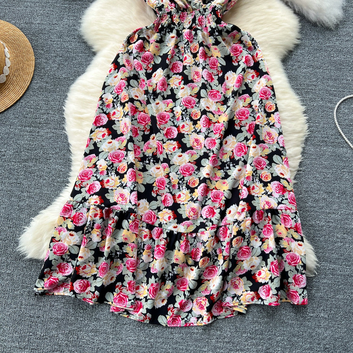 V-neck Elastic Waist Floral Dress