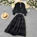 V-neck Shirt&Skirt Lace Patchwork 2Pcs