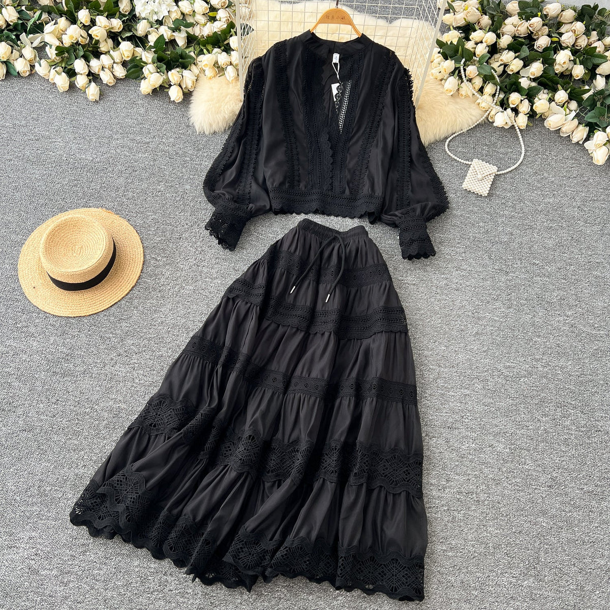 V-neck Shirt&Skirt Lace Patchwork 2Pcs