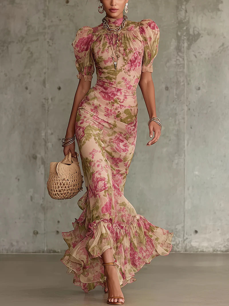 Floral Print Puff Sleeve High Neck Mermaid Maxi Dress Women Ruffle Hem Chiffon Maxi Dress
