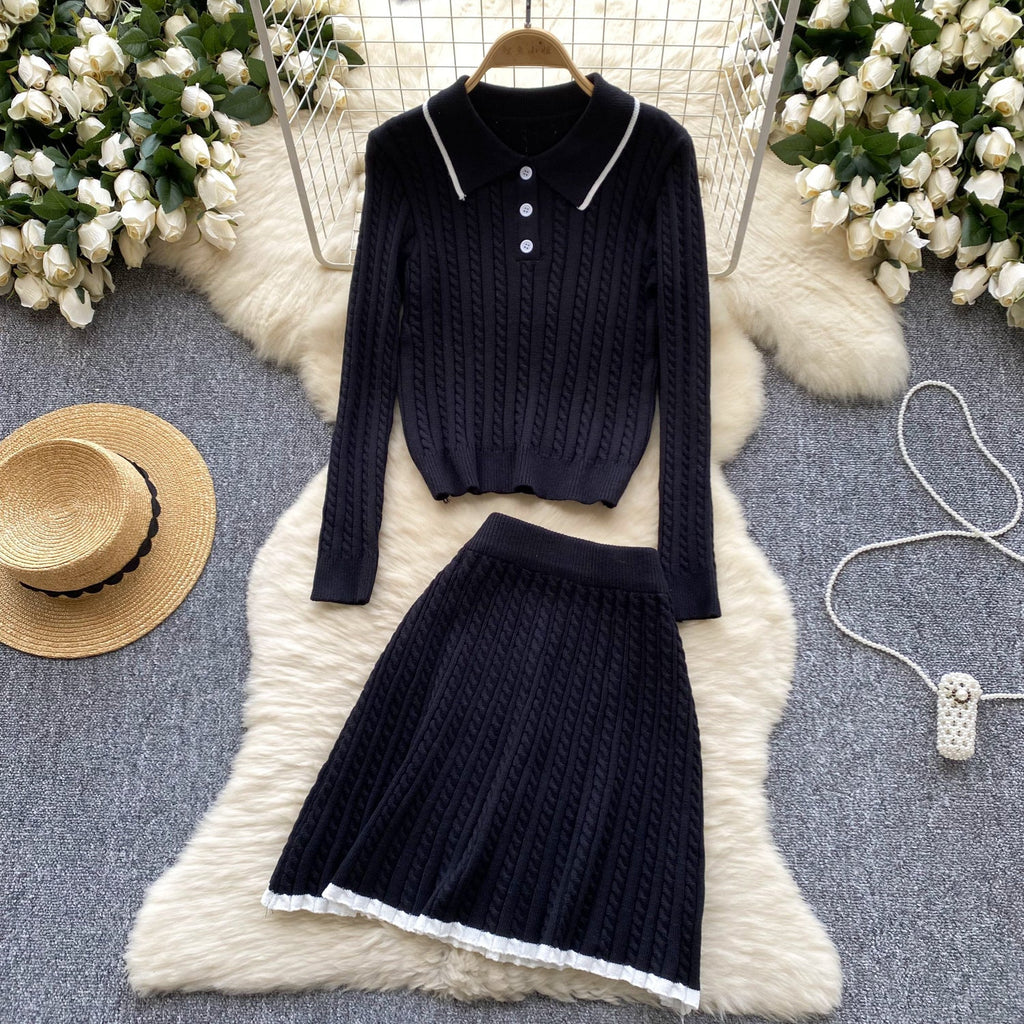 Lapeled Knitwear&Skirt Tweed 2Pcs