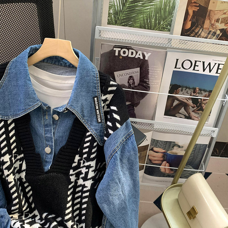Niche Faux Two-pieces Denim Patchwork Knitwear