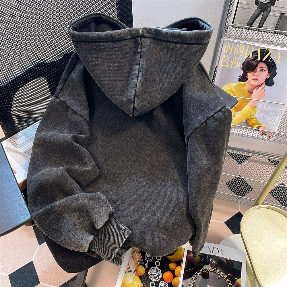 Oversize Distressed Printed Hooded Sweatshirt