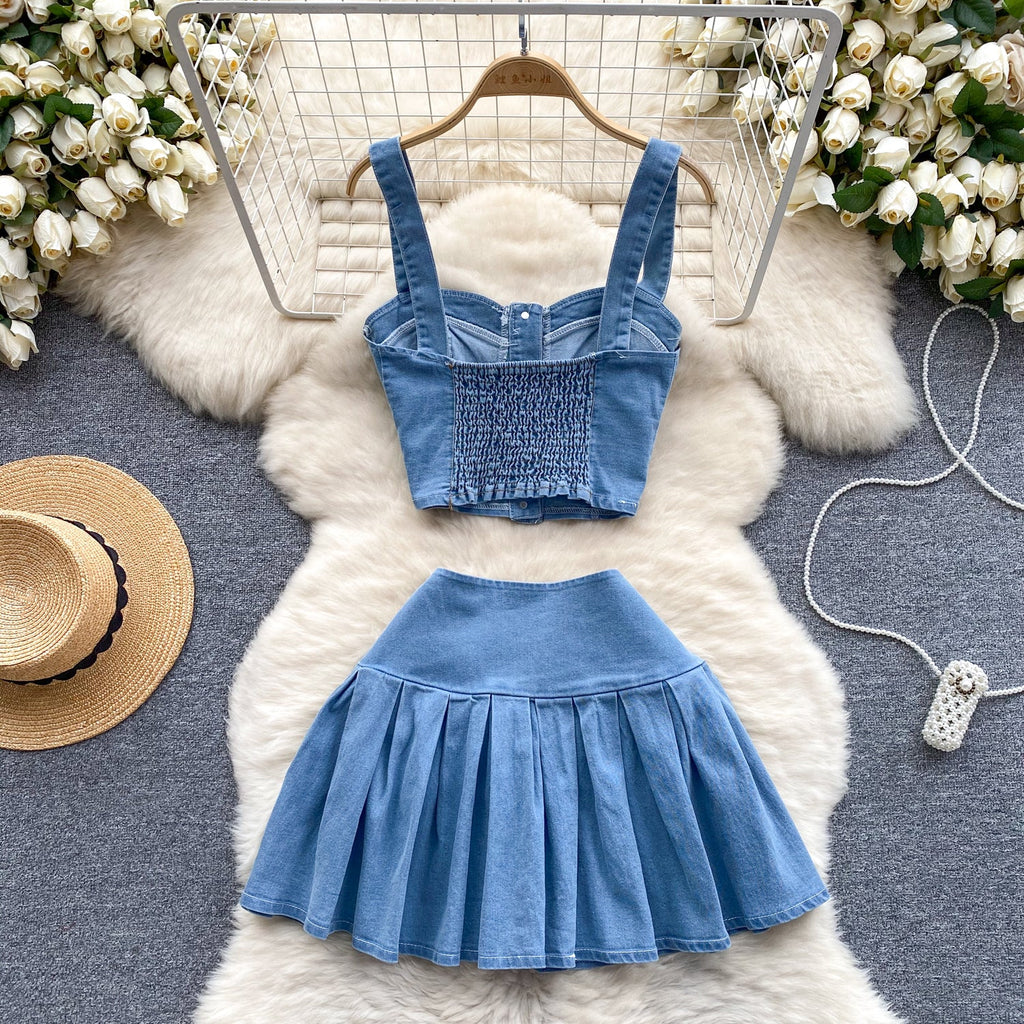 Camisole&Pleated Skirt Denim 2Pcs