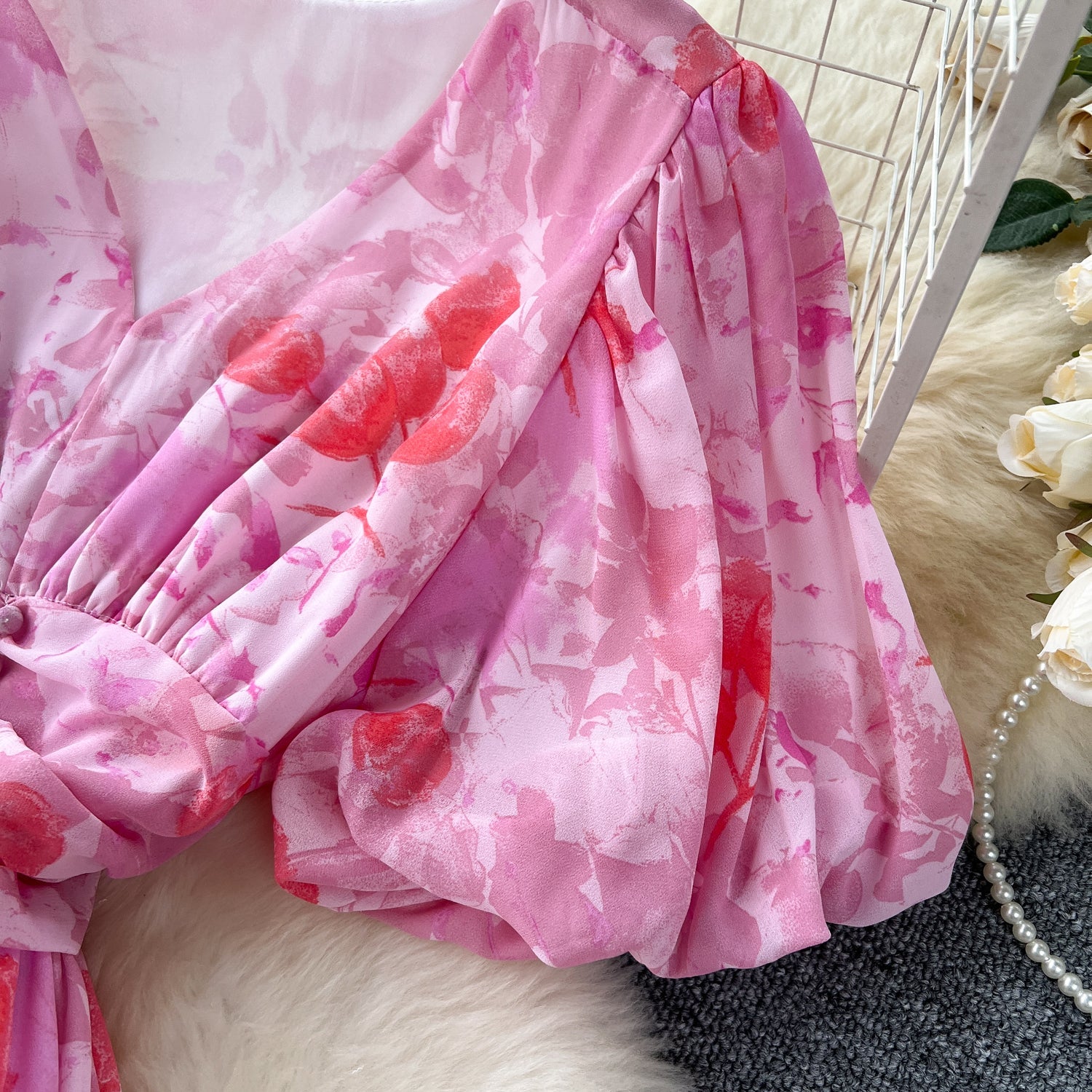 Vintage V-neck Draped Floral Dress