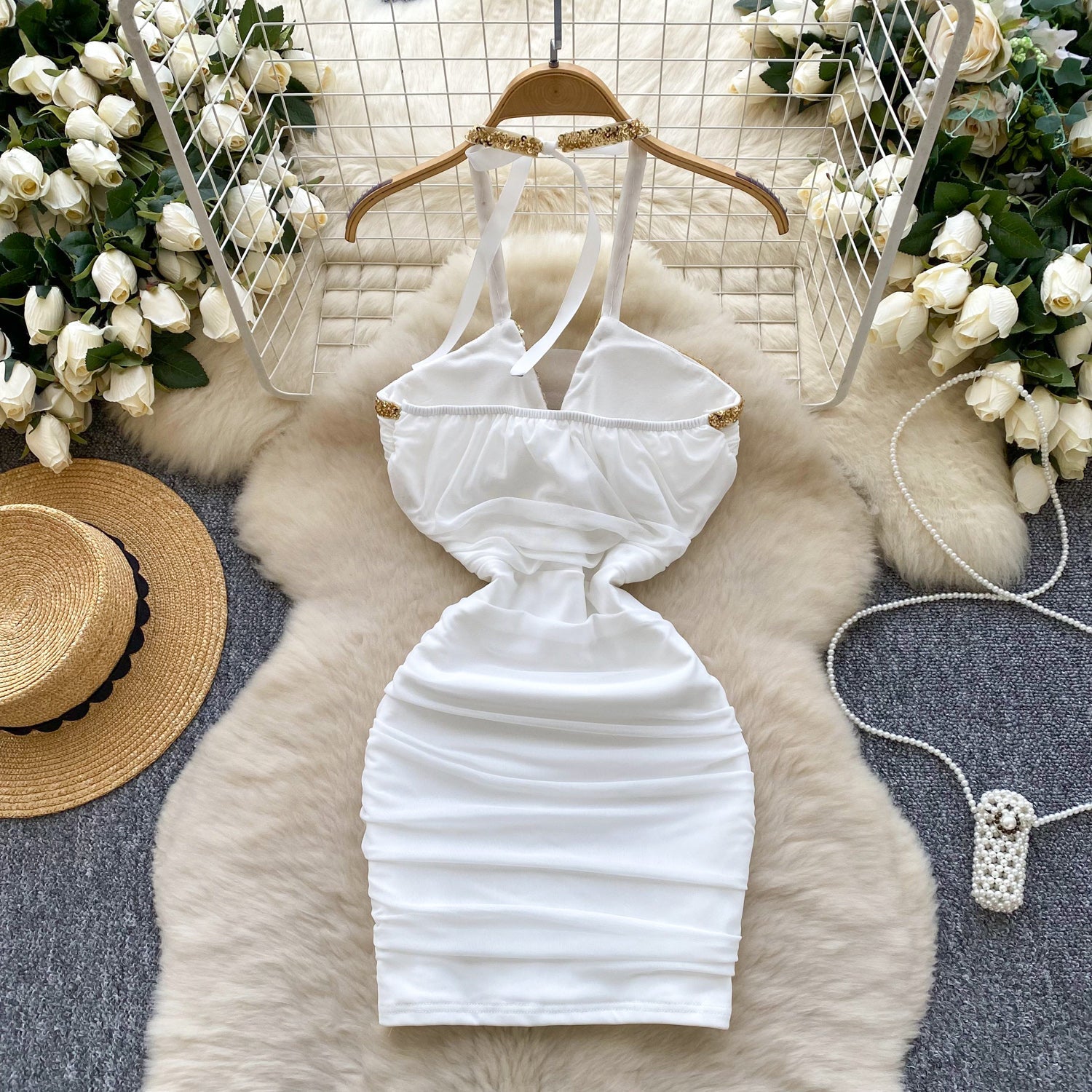 Deep V-neck Sequined Pleated Dress