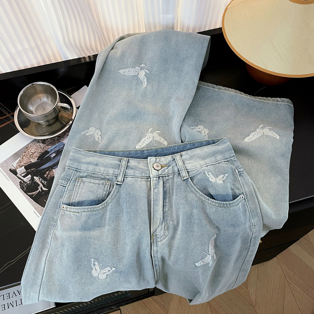 Casual Butterfly Embroidered Wide-leg Jeans