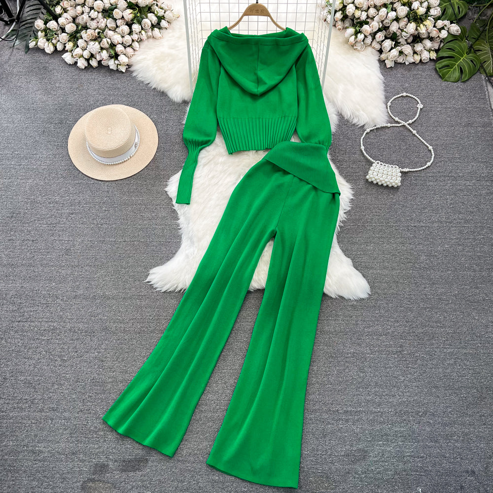 Knitted Hoodie&Wide-leg Trousers 2Pcs