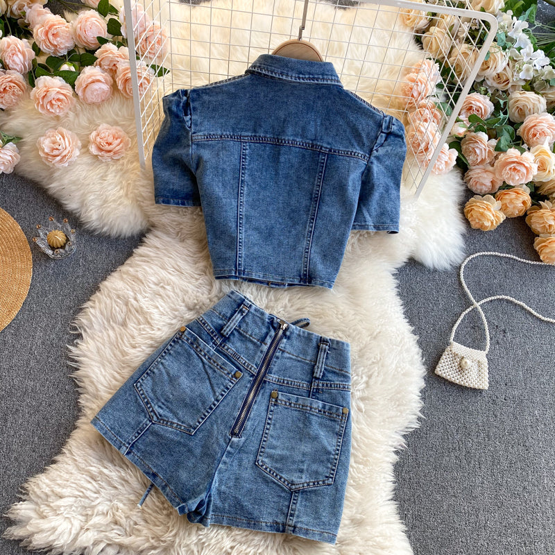 Shirt&Lace-up Shorts Denim 2Pcs