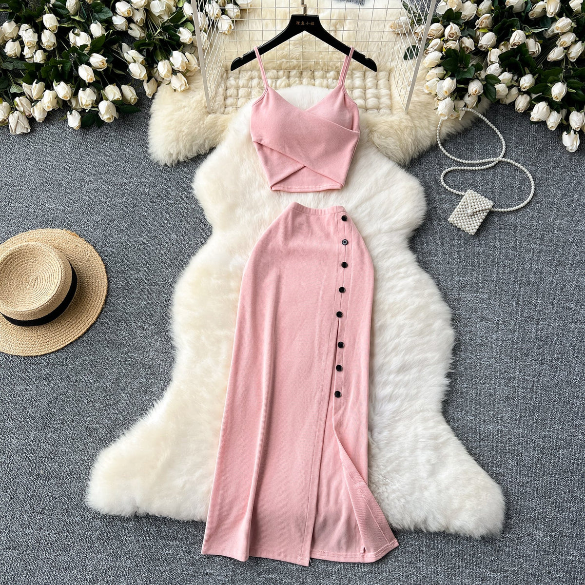 V-neck Camisole&Split Skirt Knitted 2Pcs
