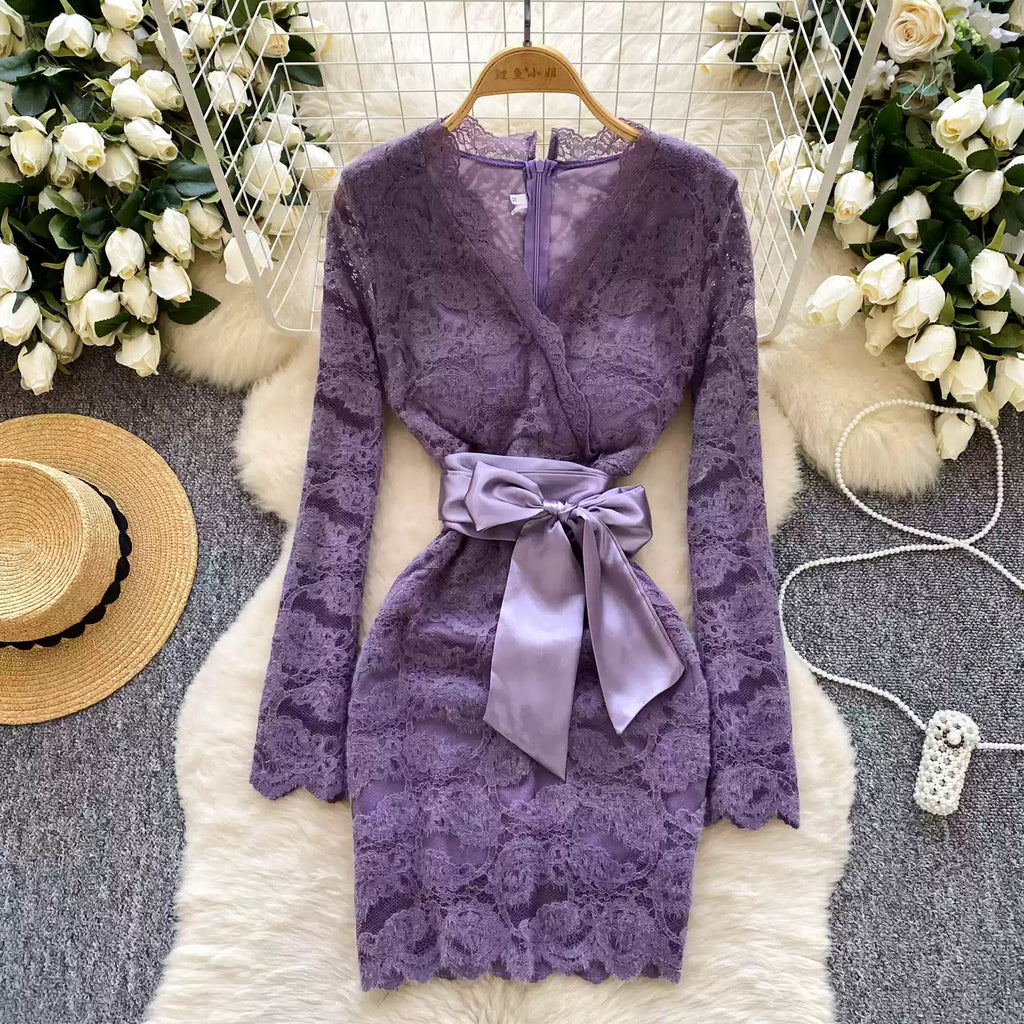 V-neck Embroidered Flocked Lace Dress