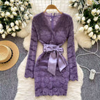 V-neck Embroidered Flocked Lace Dress