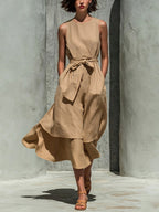 Sleeveless Belted Layered Midi Jumpsuit Dress