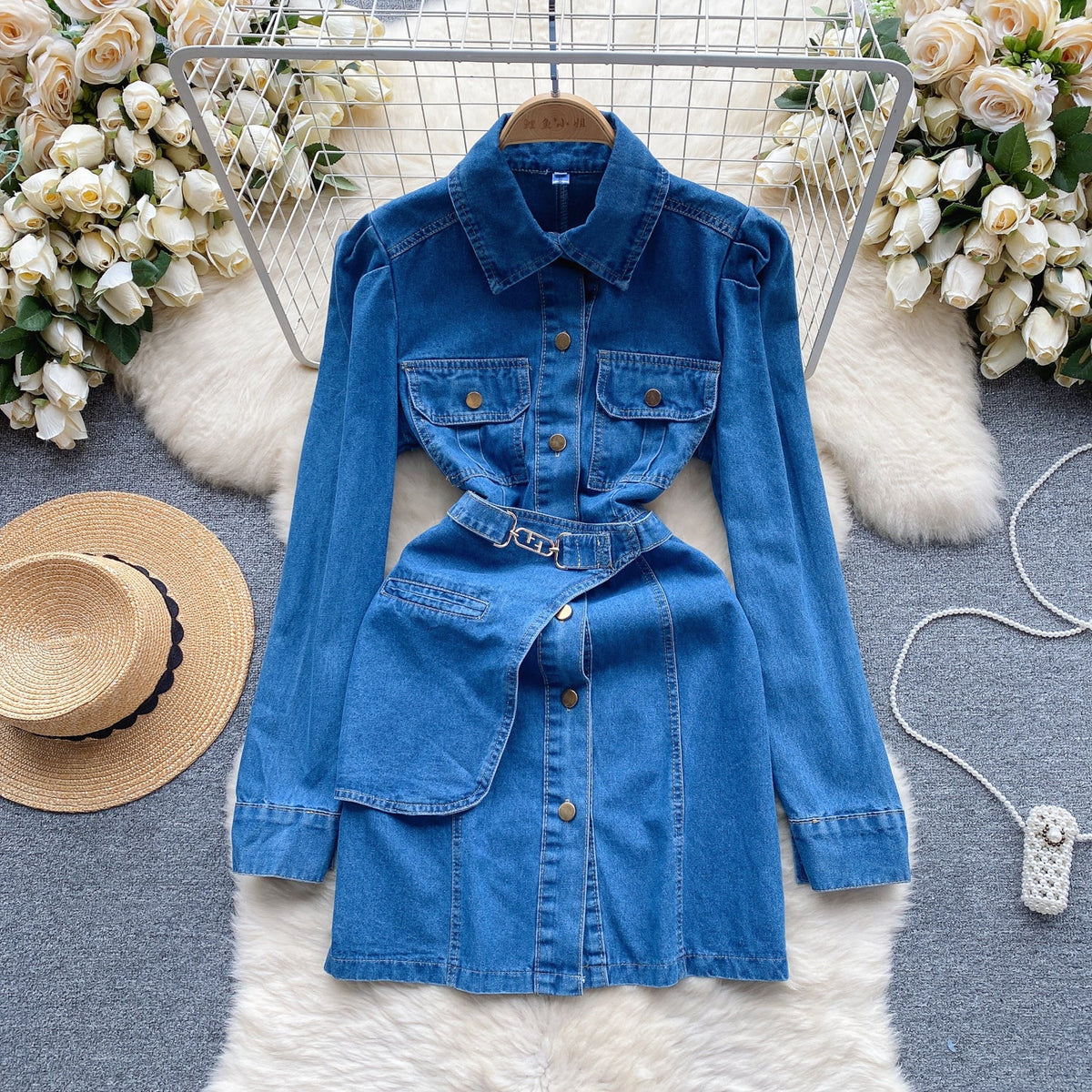 Vintage Candy Color Denim Shirt Dress