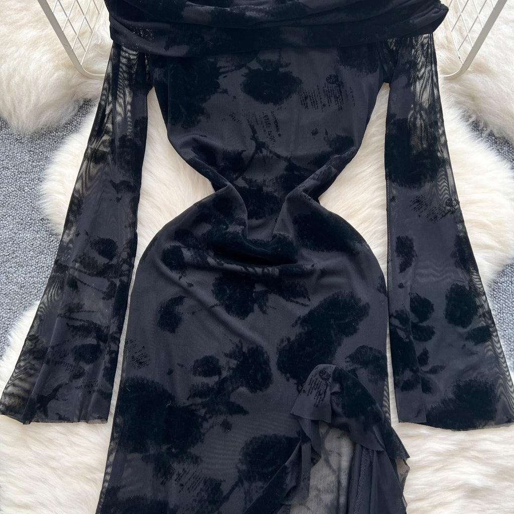 Asymmetric Embroidered Floral Black Dress