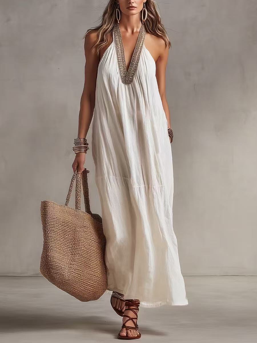 Beaded Halter V Neck Loose Maxi Kaftan Dress
