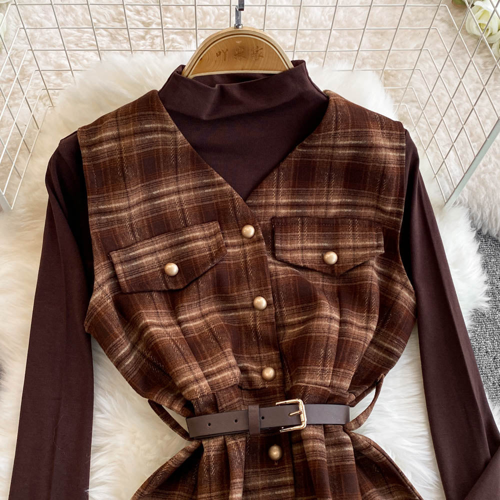 Turtleneck Sweater&Plaid Dress 2Pcs
