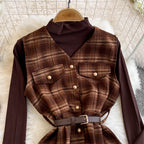Turtleneck Sweater&Plaid Dress 2Pcs