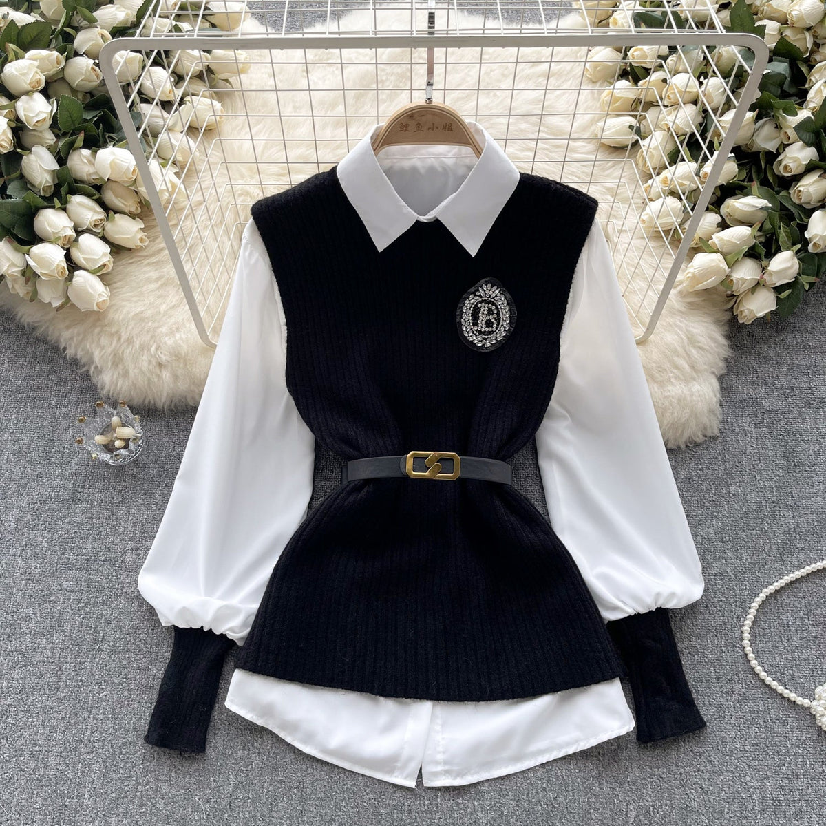 Knitted Vest&White Shirt Uniform 2Pcs