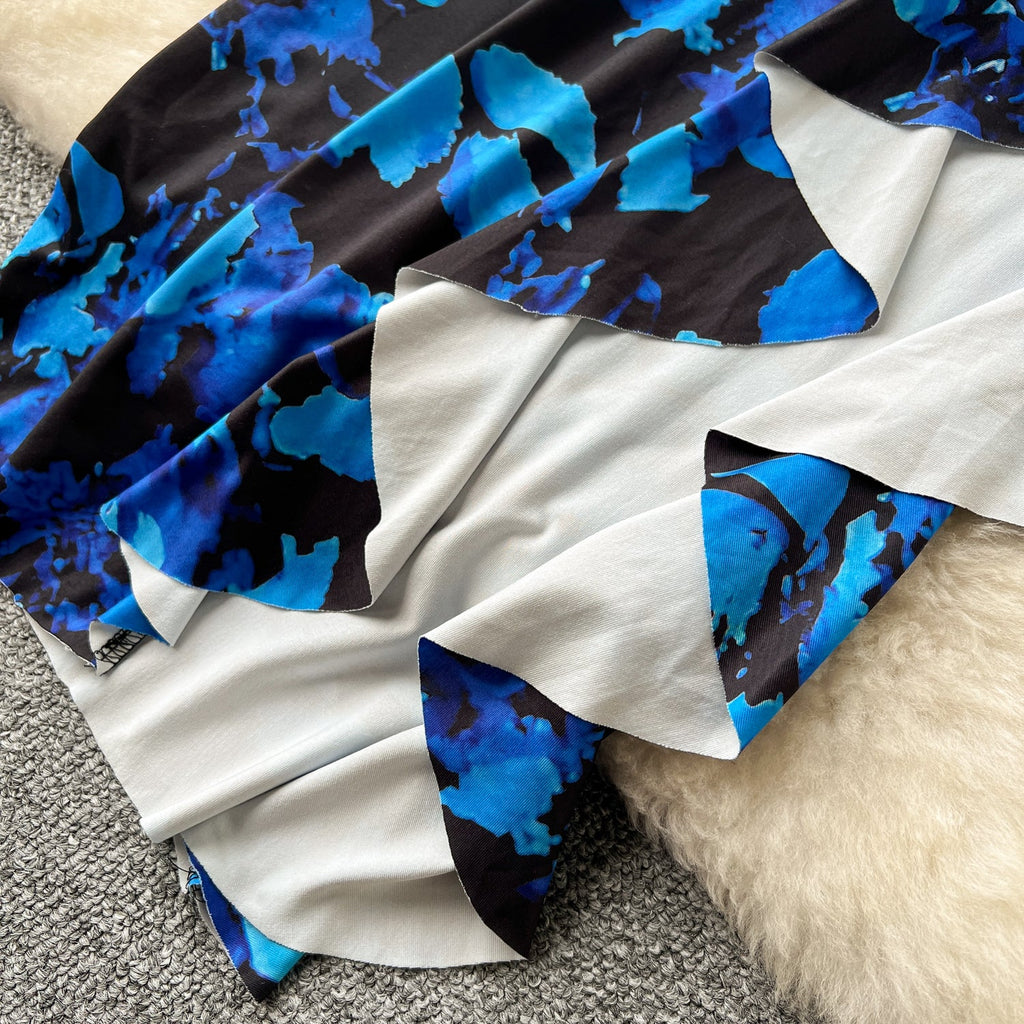 Asymmetric Ruffled Printed Halter Dress
