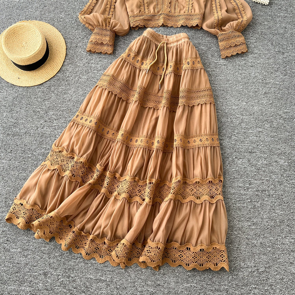 V-neck Shirt&Skirt Lace Patchwork 2Pcs