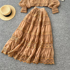 V-neck Shirt&Skirt Lace Patchwork 2Pcs