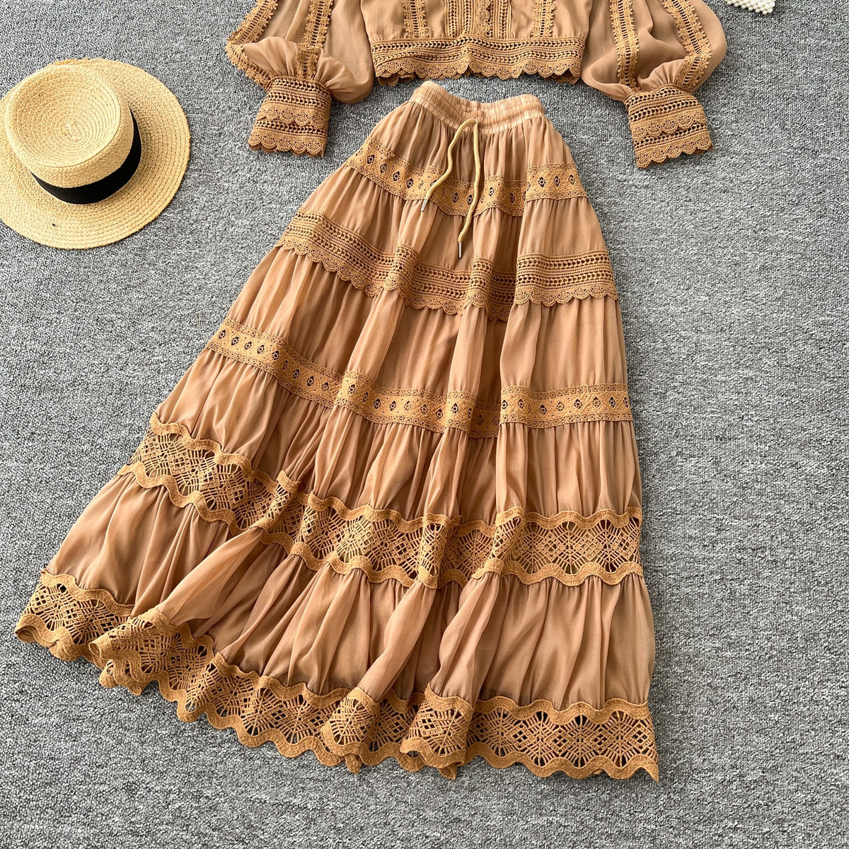 V-neck Shirt&Skirt Lace Patchwork 2Pcs