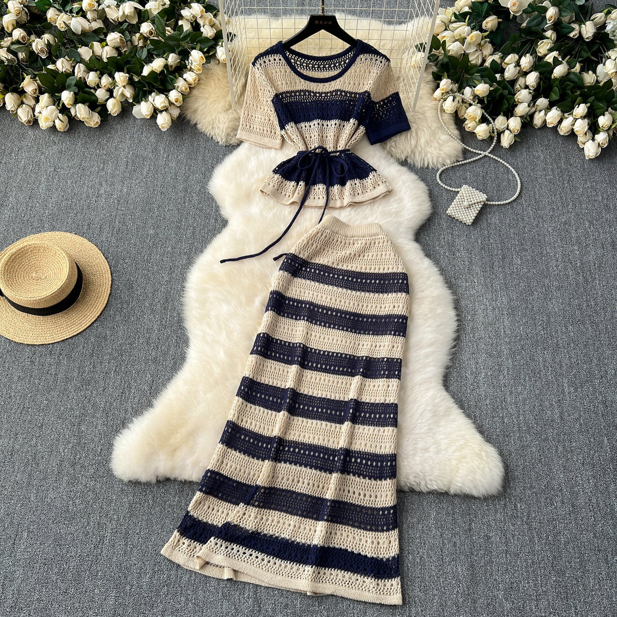 Knitwear&Skirt Color-blocking Striped 2Pcs