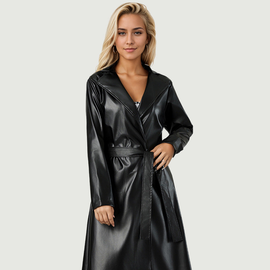 Crease-resistant Black PU Trench Coat